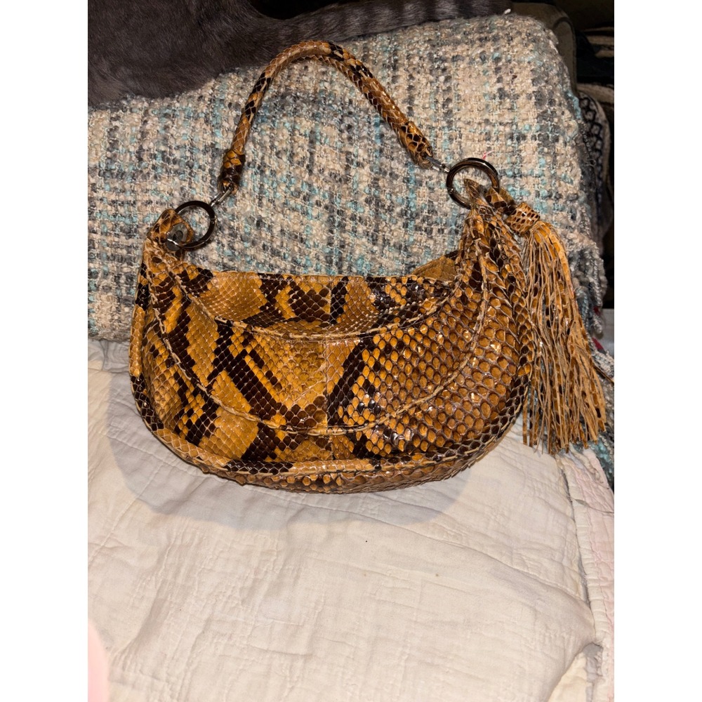 Desmo Italy Genuine Python Snakeskin Hobo Bag Yellow Brown Tassel Made in Italy